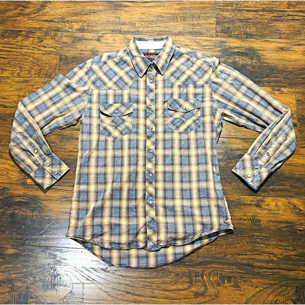Rock & Roll Cowboy Mens Medium Pearl Snap Shirt Plaid Western Gray Beige B2S0009